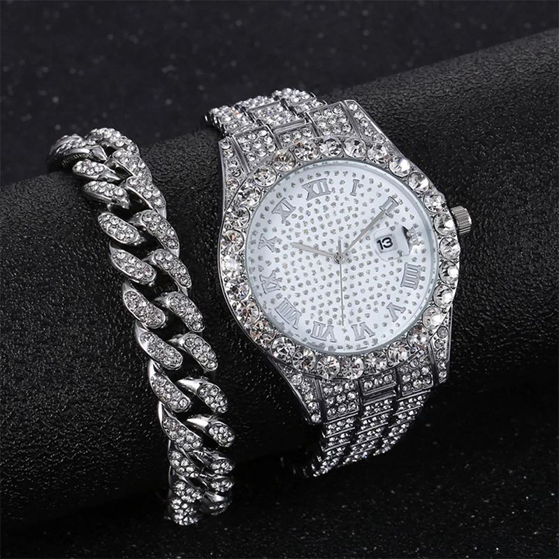 2pcs/set Rhinestone Steel Strap Quartz Zinc Alloy Watch And Cuban Link Style Bracelet Set(1 Watch+1 Bracelet) Silver