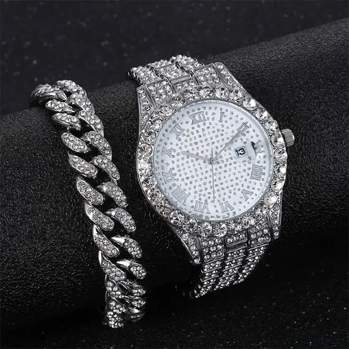 2pcs/set Rhinestone Steel Strap Quartz Zinc Alloy Watch And Cuban Link Style Bracelet Set(1 Watch+1 Bracelet)