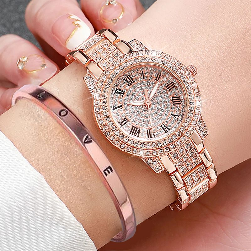 2PCS Women's Elagant Watch Fashion Full Diamond Roman Dial Steel Band Quartz Watch Ladies Love Bracelet Set Temperament Wearing Style