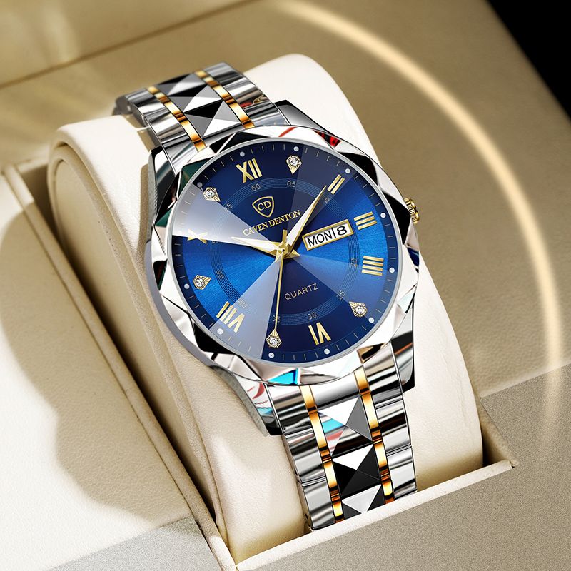 Men Watch Water Diamond Luxury Night Glow Double Calendar Quartz Movement 41mm Blue Gold Stainless Steel Fashion Business Watch