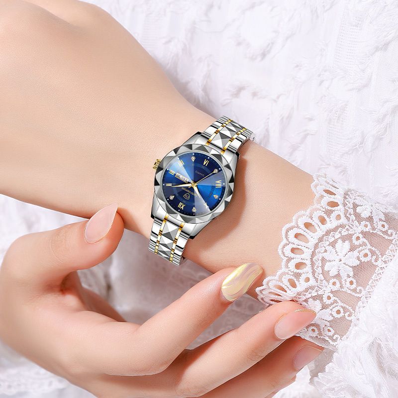 Ladies Watch Fashion Water Diamond Luxury Night Glow Double Calendar Quartz Movement Wristwatches Casual Watch For Women Waterproof Watch