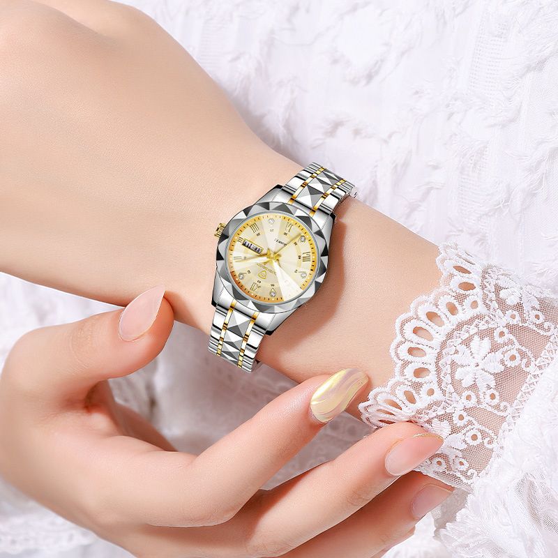 Ladies Watch Fashion Water Diamond Luxury Night Glow Double Calendar Quartz Movement Wristwatches Casual Watch For Women Waterproof Watch