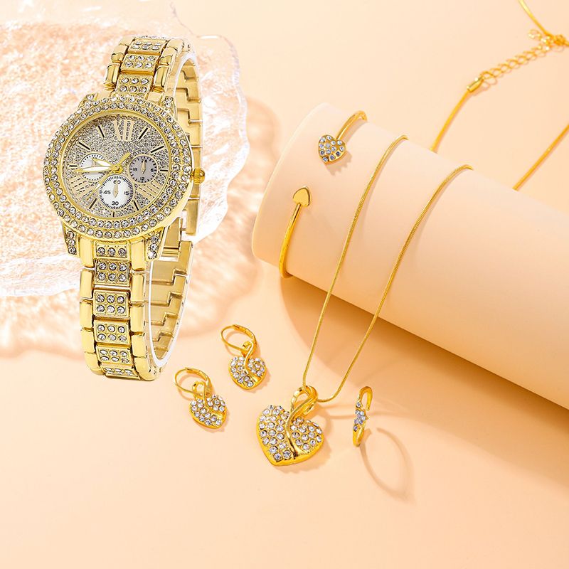 Women's Quartz Watch Gold Luxury Women Ring Necklace Earring Rhinestone Fashion Wristwatch Casual Ladies Watches Jewelry Set