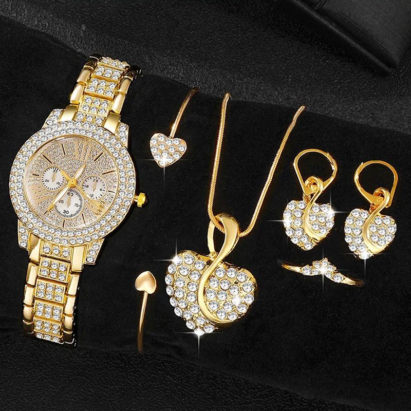 Women's Quartz Watch Gold Luxury Women Ring Necklace Earring Rhinestone Fashion Wristwatch Casual Ladies Watches Jewelry Set