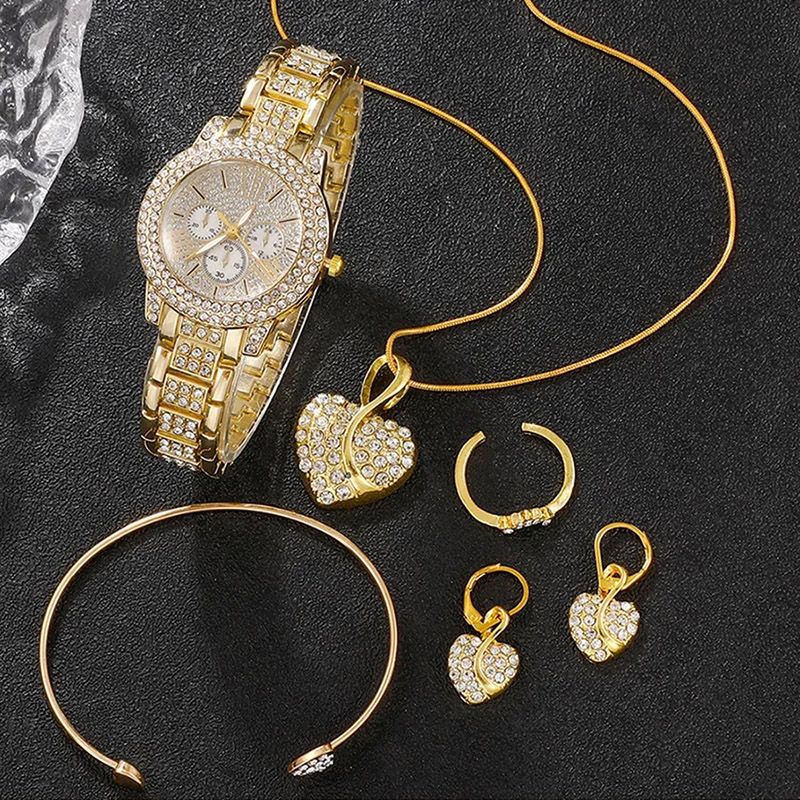 Women's Quartz Watch Gold Luxury Women Ring Necklace Earring Rhinestone Fashion Wristwatch Casual Ladies Watches Jewelry Set