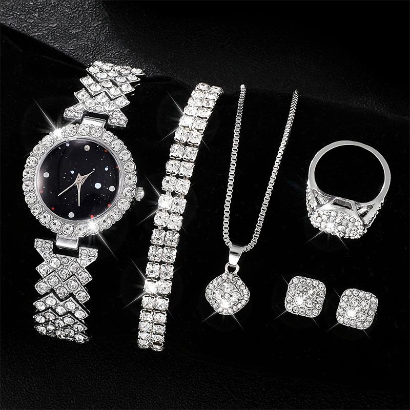 6pcs/set Women's Luxury Rhinestone Quartz Watch Sparkling Fashion Analog Wrist Watch & Jewelry Set, Gift For Mom Her
