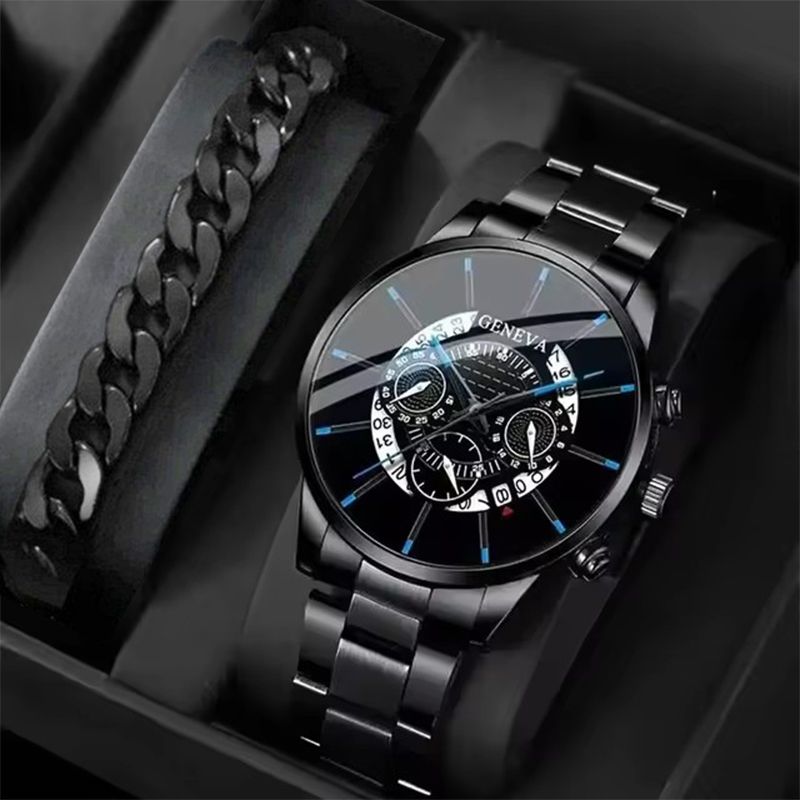 2PCS Black New Popular Watches Fashion Men's Casual Watches Luxury Calendar Quartz Watches Business Watches Men's Clocks Bracelet Set Black