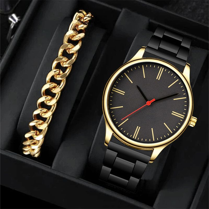 2PCS Fashion Mens Gold Bracelet Black Watches Set Men Business Stainless Steel Quartz Watch Male Wristwatch Black belt gold shell