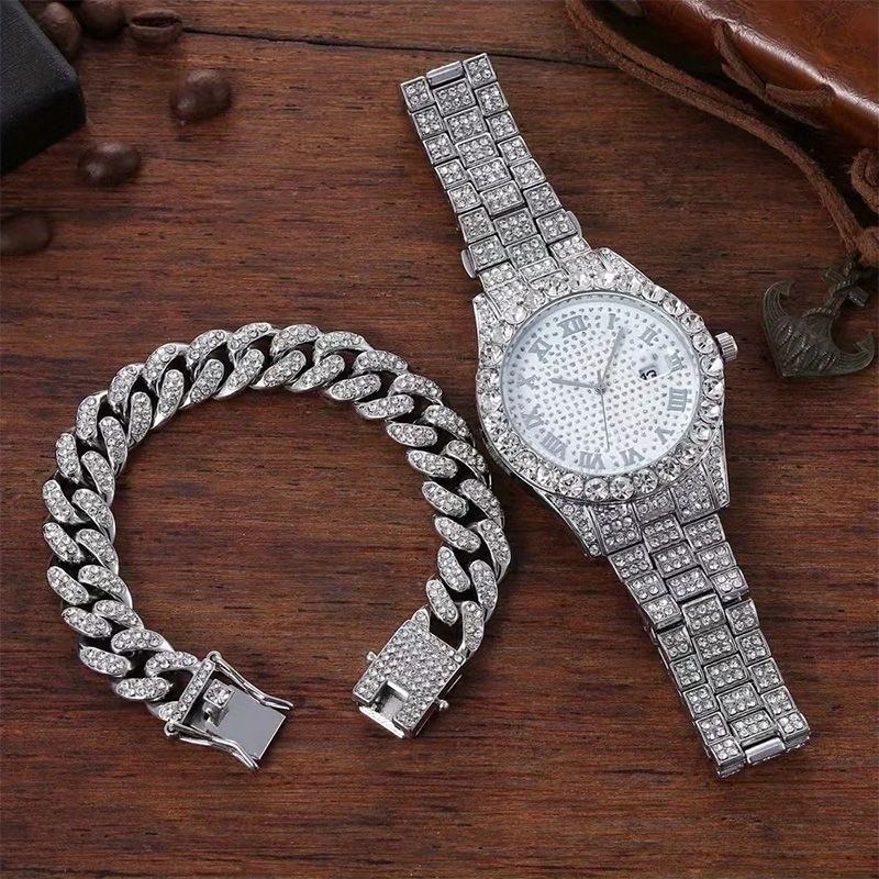 2pcs/set Rhinestone Steel Strap Quartz Zinc Alloy Watch And Cuban Link Style Bracelet Set(1 Watch+1 Bracelet)