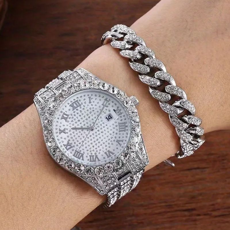 2pcs/set Rhinestone Steel Strap Quartz Zinc Alloy Watch And Cuban Link Style Bracelet Set(1 Watch+1 Bracelet)