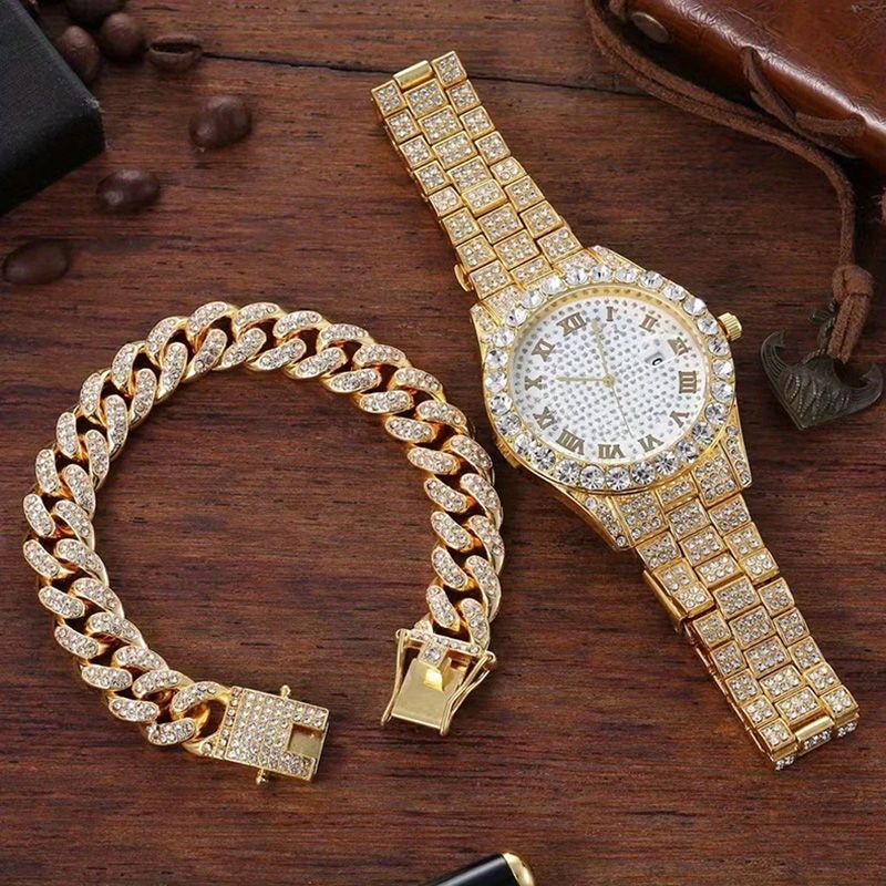 2pcs/set Rhinestone Steel Strap Quartz Zinc Alloy Watch And Cuban Link Style Bracelet Set(1 Watch+1 Bracelet)