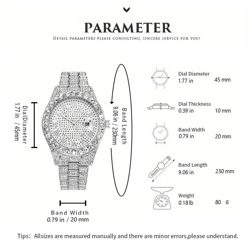 2pcs/set Rhinestone Steel Strap Quartz Zinc Alloy Watch And Cuban Link Style Bracelet Set(1 Watch+1 Bracelet)