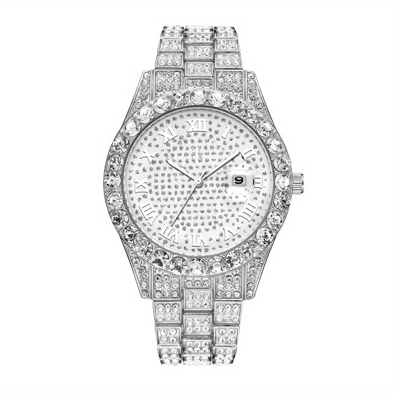 2pcs/set Rhinestone Steel Strap Quartz Zinc Alloy Watch And Cuban Link Style Bracelet Set(1 Watch+1 Bracelet)