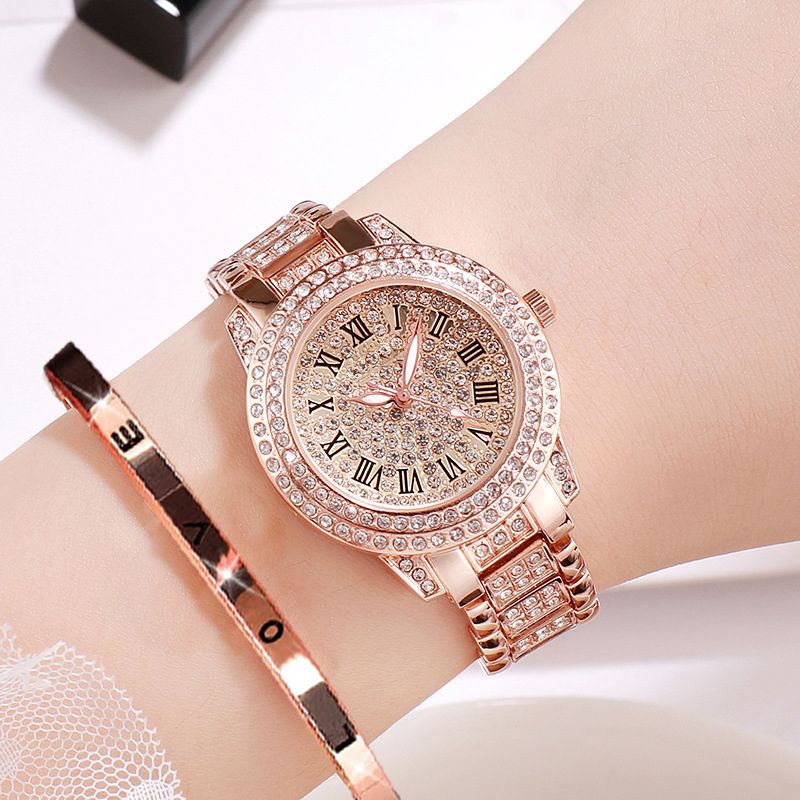 2PCS Women's Elagant Watch Fashion Full Diamond Roman Dial Steel Band Quartz Watch Ladies Love Bracelet Set Temperament Wearing Style