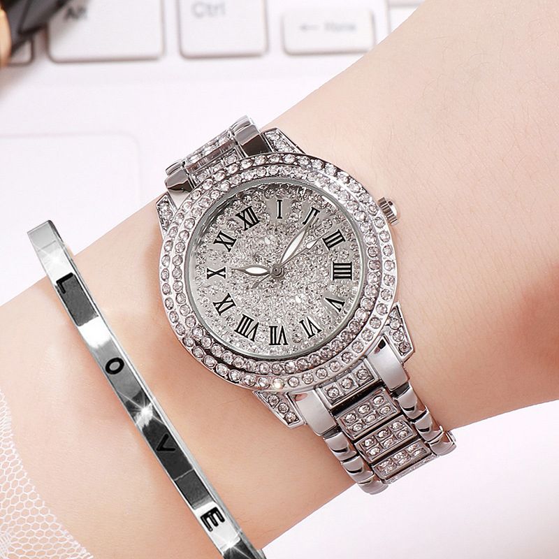 2PCS Women's Elagant Watch Fashion Full Diamond Roman Dial Steel Band Quartz Watch Ladies Love Bracelet Set Temperament Wearing Style