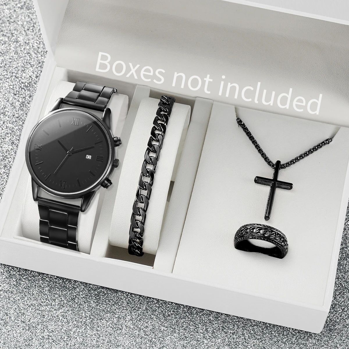 4PCS Men Business Watches Fashion Black Steel Band Male's Calendar Quartz Watch Relogio Masculino Jewelry Set Black