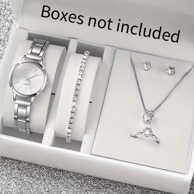 6PCS/Set Fashion Women's Quartz Watch Stainless Steel Band Wrist Watches Diamond Jewelry Set Silver