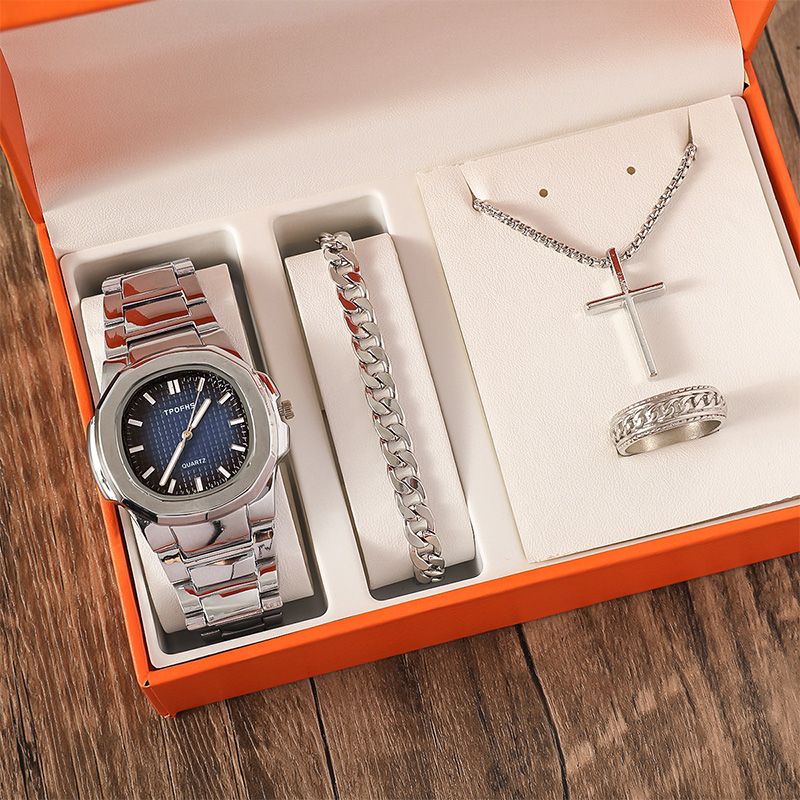 Men's Fashion Business Watches  4-Piece Set: Calendar Quartz Watch, Silver Cross Pendant Necklace, Ring and Bracelet - The perfect gift for him