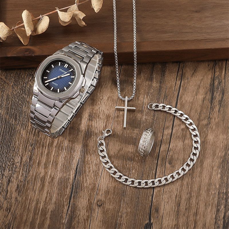 Men's Fashion Business Watches  4-Piece Set: Calendar Quartz Watch, Silver Cross Pendant Necklace, Ring and Bracelet - The perfect gift for him