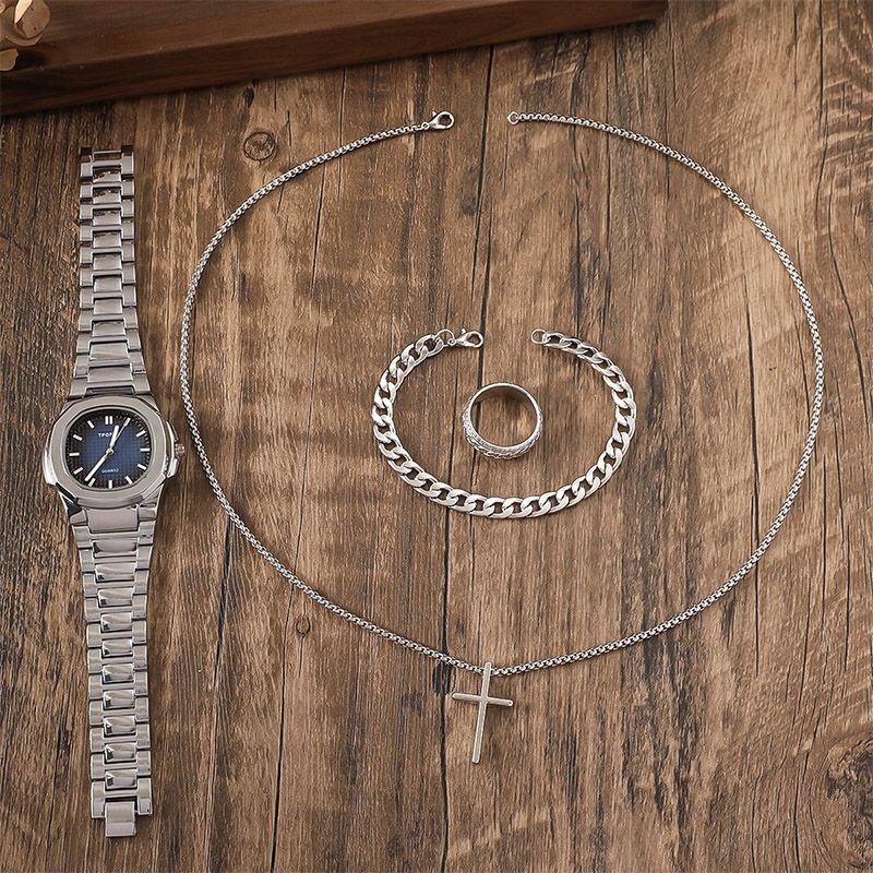 Men's Fashion Business Watches  4-Piece Set: Calendar Quartz Watch, Silver Cross Pendant Necklace, Ring and Bracelet - The perfect gift for him