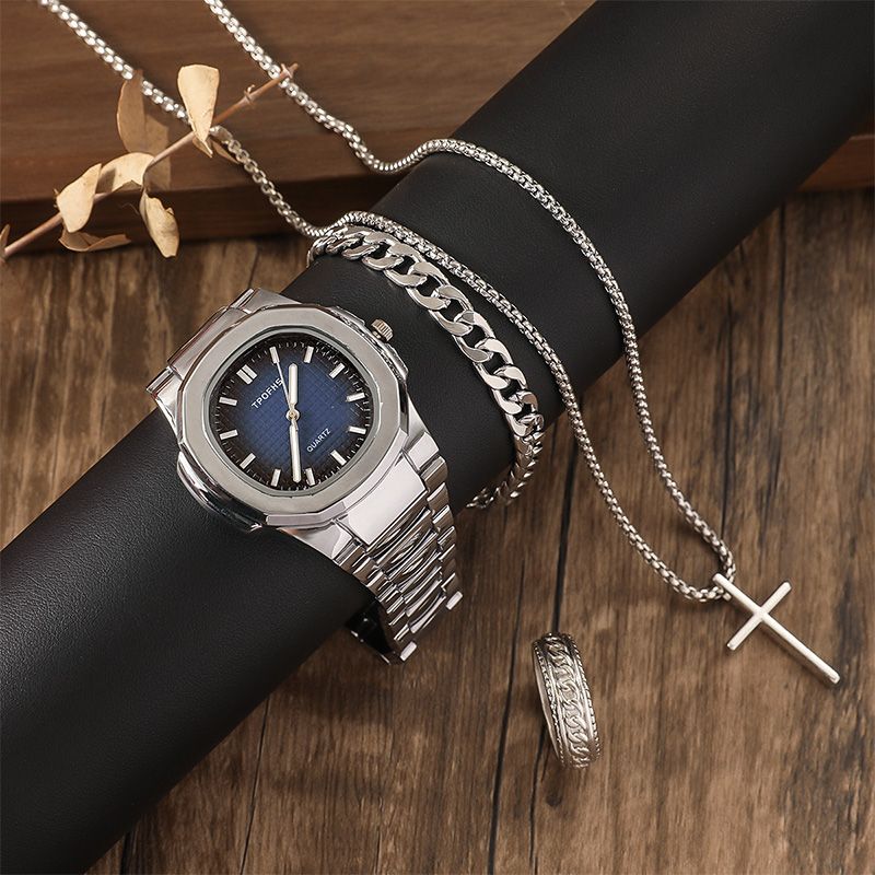 Men's Fashion Business Watches  4-Piece Set: Calendar Quartz Watch, Silver Cross Pendant Necklace, Ring and Bracelet - The perfect gift for him
