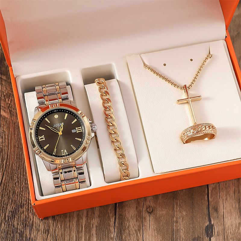 Men's Fashion Business Watches  4-Piece Set: Calendar Quartz Watch, Silver Cross Pendant Necklace, Ring and Bracelet - The perfect gift for him