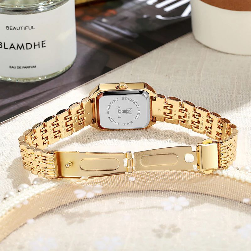 Luxury Ladies Fashion Quartz Watch Simple Scale Square Quality Gold Plated Women Watches Business Stainless Steel Folding Clock