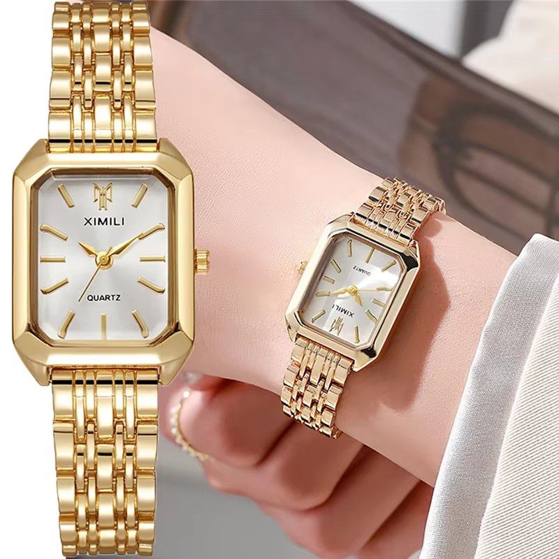 Luxury Ladies Fashion Quartz Watch Simple Scale Square Quality Gold Plated Women Watches Business Stainless Steel Folding Clock