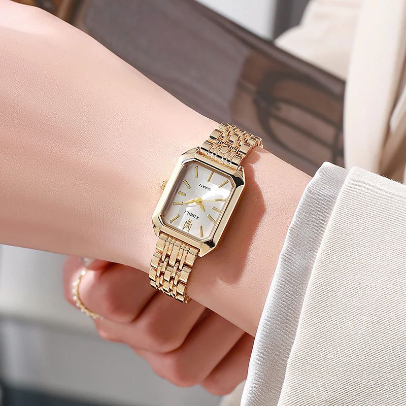 Luxury Ladies Fashion Quartz Watch Simple Scale Square Quality Gold Plated Women Watches Business Stainless Steel Folding Clock