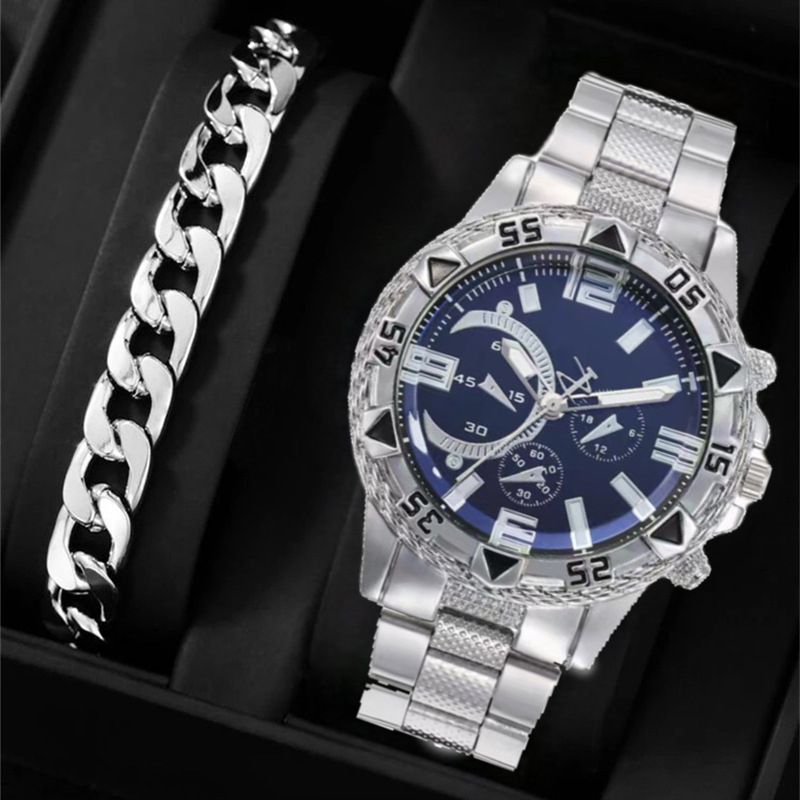 2-Piece Stainless Steel Strap Large Dial Men's  Fashion Quartz Watch Bracelet Gift  Chain Silver