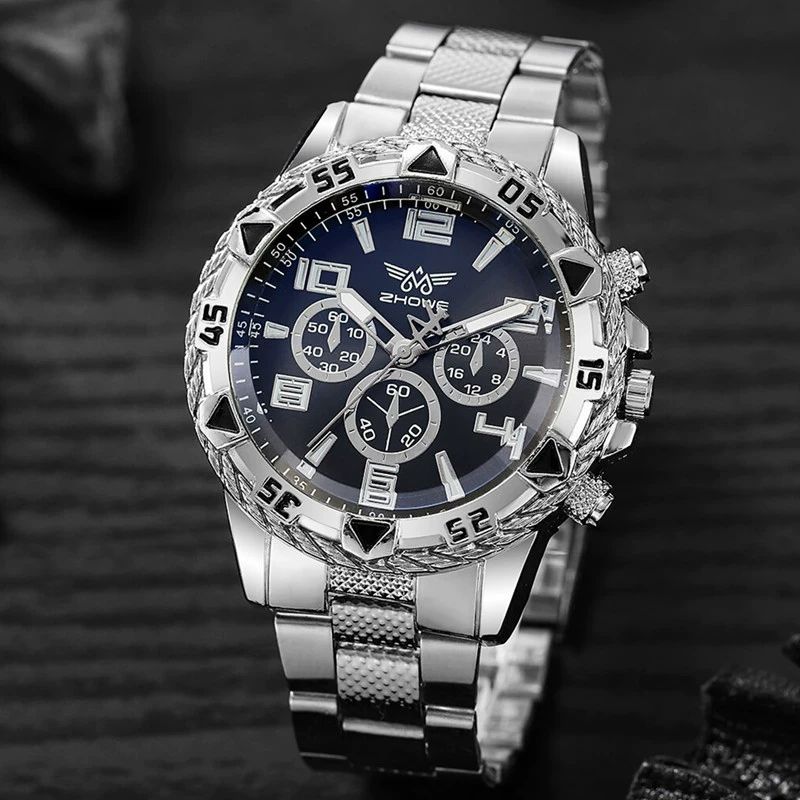 New Business Leisure Fashion Large Dial Alloy Steel Strip Blue Light Three Eye Men's Quartz Watch Black