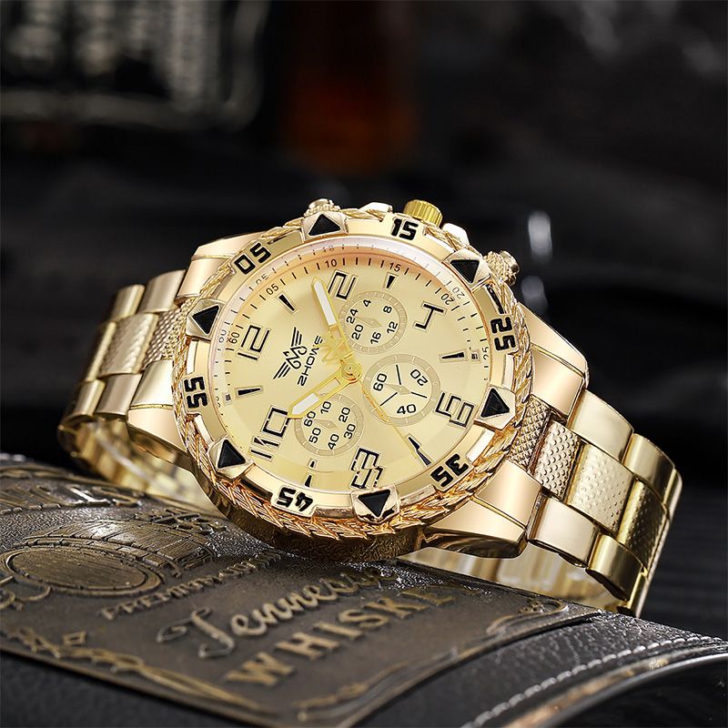 New Business Leisure Fashion Large Dial Alloy Steel Strip Blue Light Three Eye Men's Quartz Watch