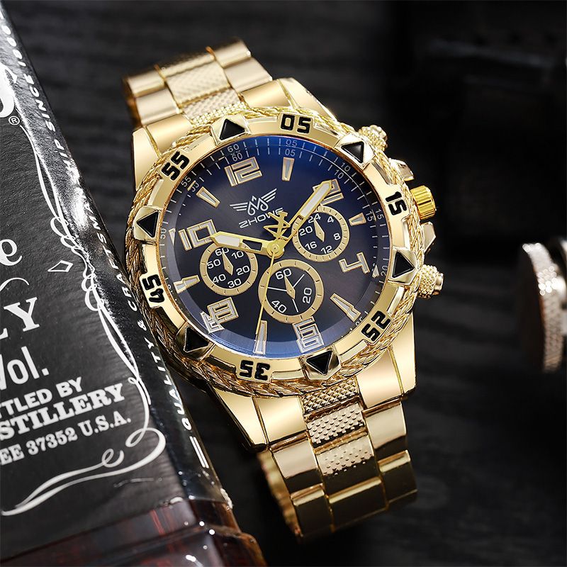 New Business Leisure Fashion Large Dial Alloy Steel Strip Blue Light Three Eye Men's Quartz Watch