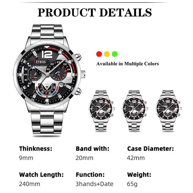 2PCS Fashion Mens Calendar Watches Luxury Male Stainless Steel Quartz Wristwatch Luminous Clock Men Bracelet Wrist Watch