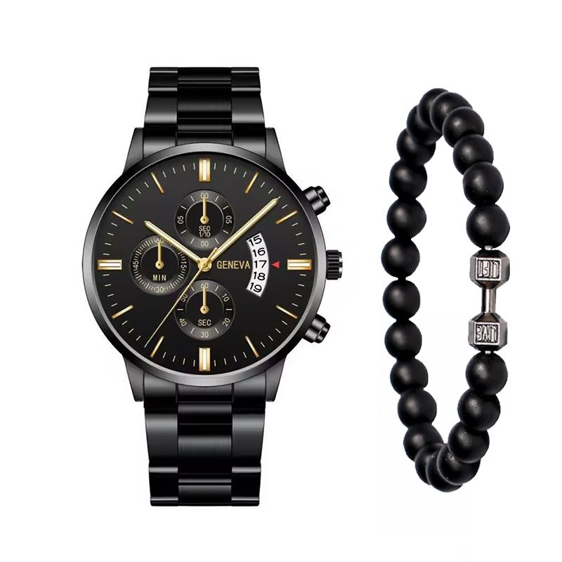 2PCS Men'sFashion Classic Mens Watches Versatile Trend Business Calendar Belt Quartz Watch Alloy Bracelet