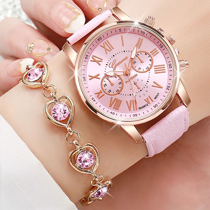 6PCS Fashion Women's Quartz Watch Leather Band Analog Wrist Watches Heart Rhinestone Jewelry Set