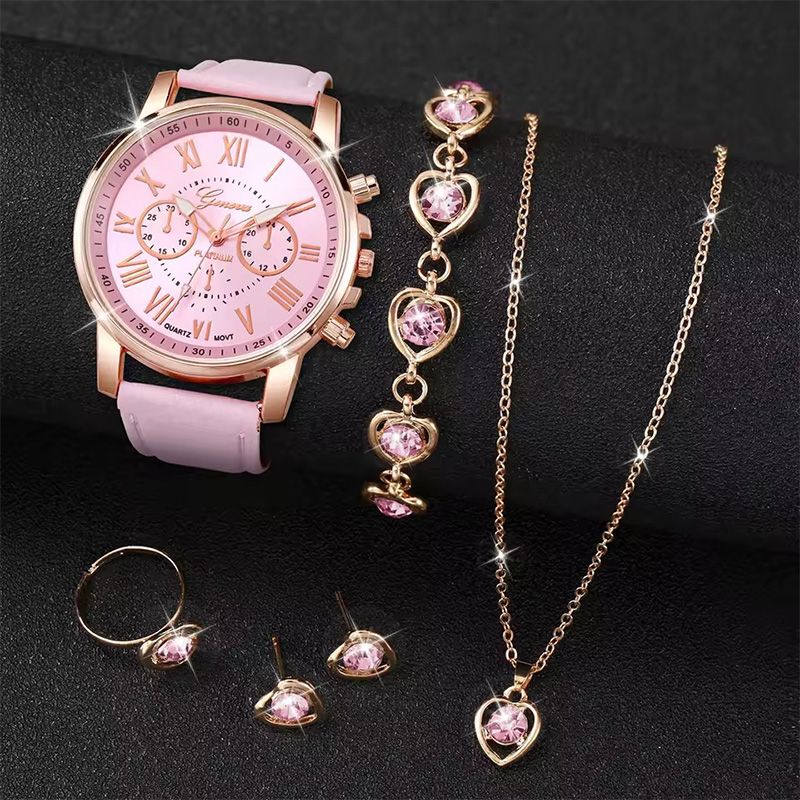 6PCS Fashion Women's Quartz Watch Leather Band Analog Wrist Watches Heart Rhinestone Jewelry Set