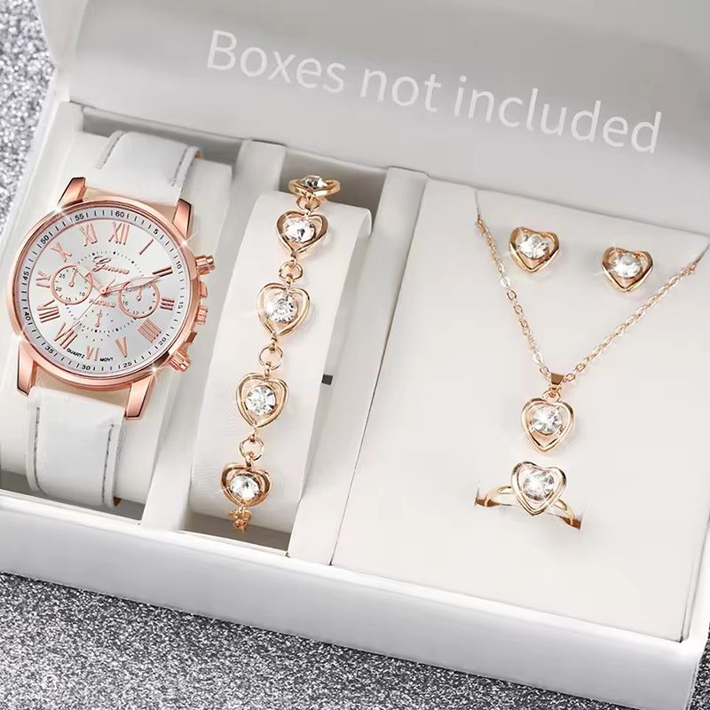 6PCS Fashion Women's Quartz Watch Leather Band Analog Wrist Watches Heart Rhinestone Jewelry Set