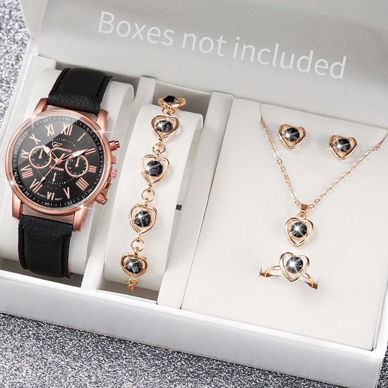 6PCS Fashion Women's Quartz Watch Leather Band Analog Wrist Watches Heart Rhinestone Jewelry Set