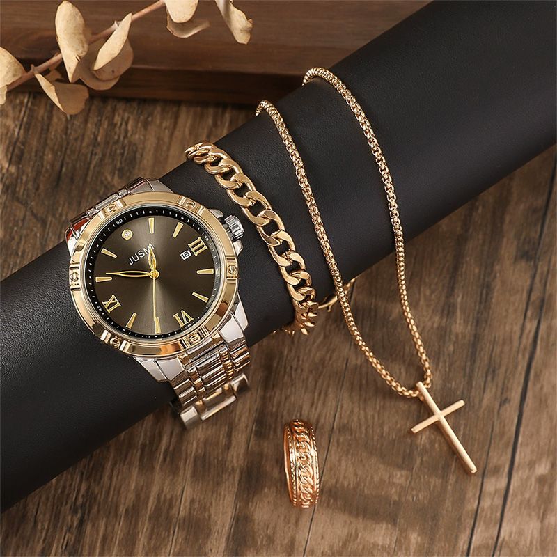 Men's Fashion Business Watches  4-Piece Set: Calendar Quartz Watch, Silver Cross Pendant Necklace, Ring and Bracelet - The perfect gift for him