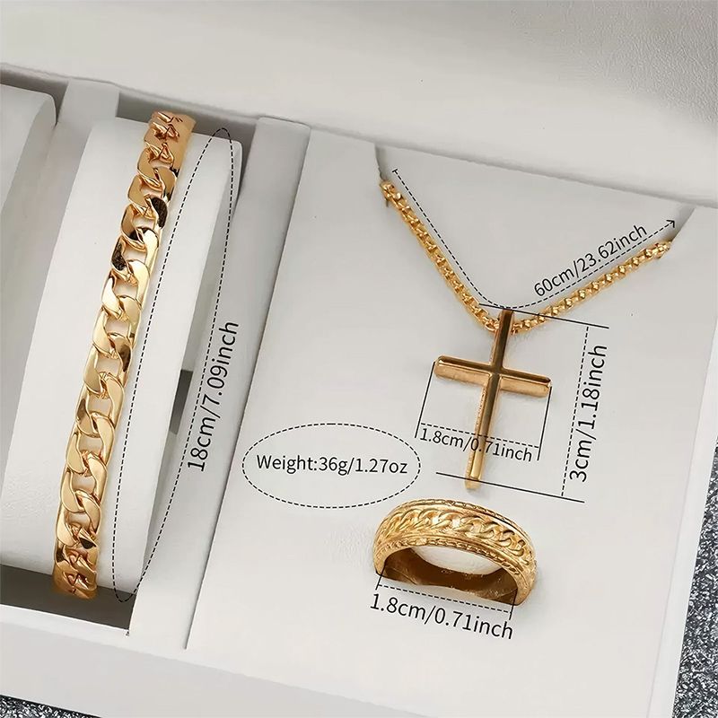 Men's Fashion Business Watches  4-Piece Set: Calendar Quartz Watch, Silver Cross Pendant Necklace, Ring and Bracelet - The perfect gift for him