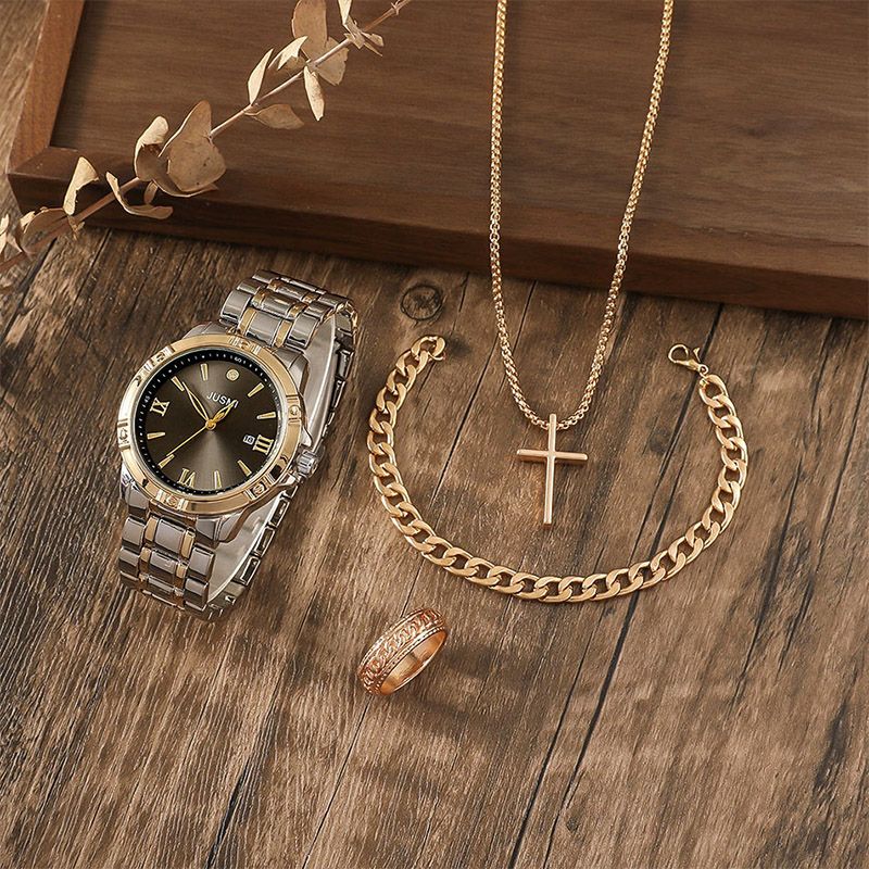 Men's Fashion Business Watches  4-Piece Set: Calendar Quartz Watch, Silver Cross Pendant Necklace, Ring and Bracelet - The perfect gift for him
