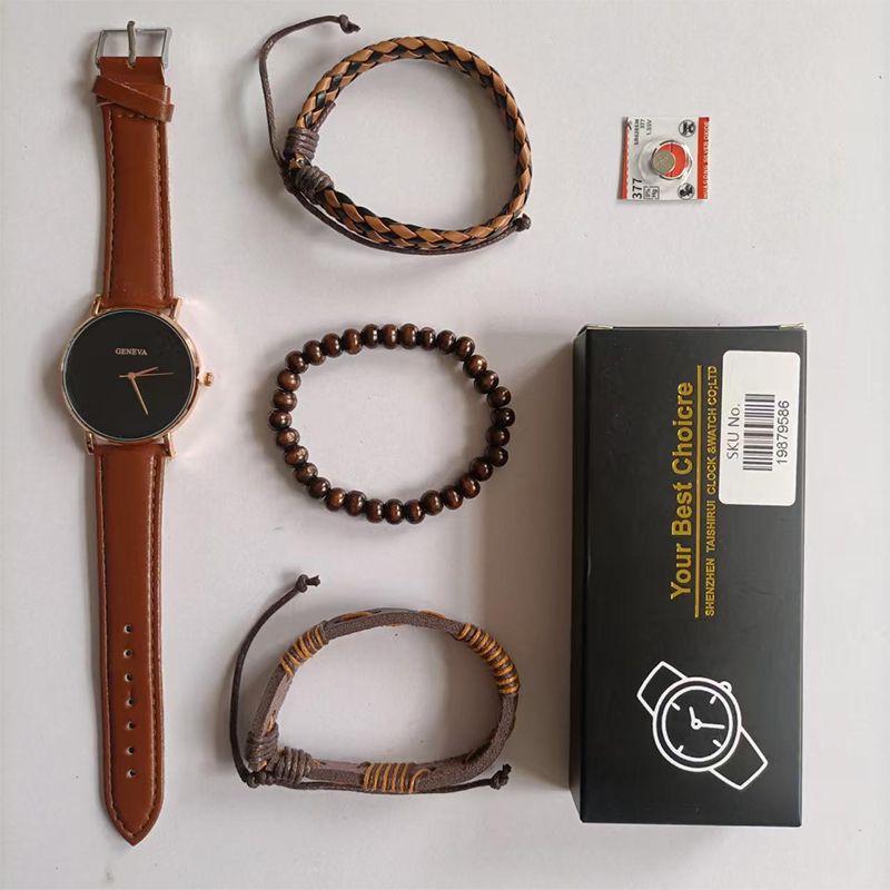 4PCS Set Fashion Mens Sports Watches Man Business Quartz Wristwatch Luxury Brown Leather Bracelet Men Casual Clock Watch