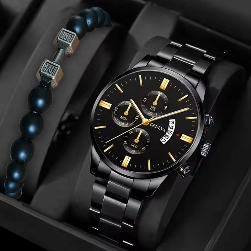 2PCS Men'sFashion Classic Mens Watches Versatile Trend Business Calendar Belt Quartz Watch Alloy Bracelet