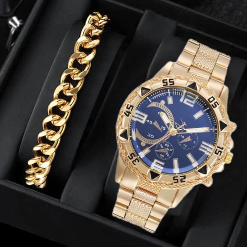 2-Piece Stainless Steel Strap Large Dial Men's  Fashion Quartz Watch Bracelet Gift  Chain Silver