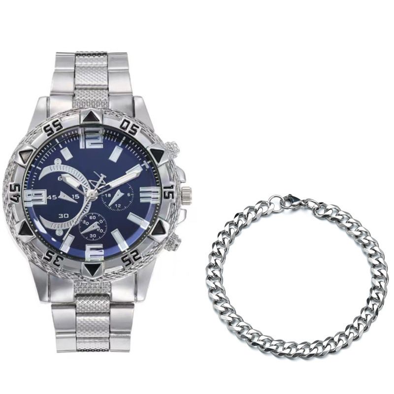 2-Piece Stainless Steel Strap Large Dial Men's  Fashion Quartz Watch Bracelet Gift  Chain Silver