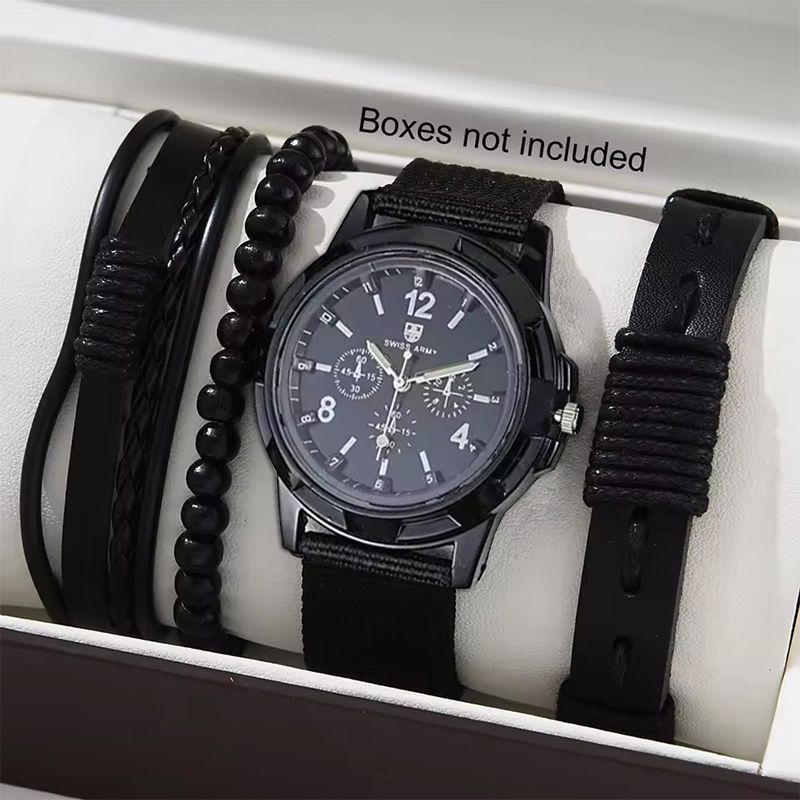 New Men's Watch Luxury Bracelet Multi Piece Set Fashion Business Black Leather Quartz Watch Men's Gift Set