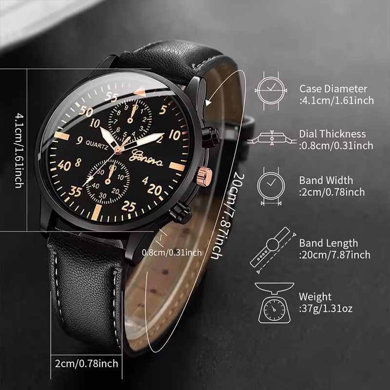 4PCS Men's Business Watches Fashion Leather Band Analog Quartz Watch with Woven Bracelets Set
