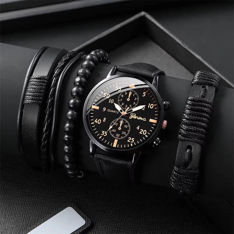 4PCS Men's Business Watches Fashion Leather Band Analog Quartz Watch with Woven Bracelets Set