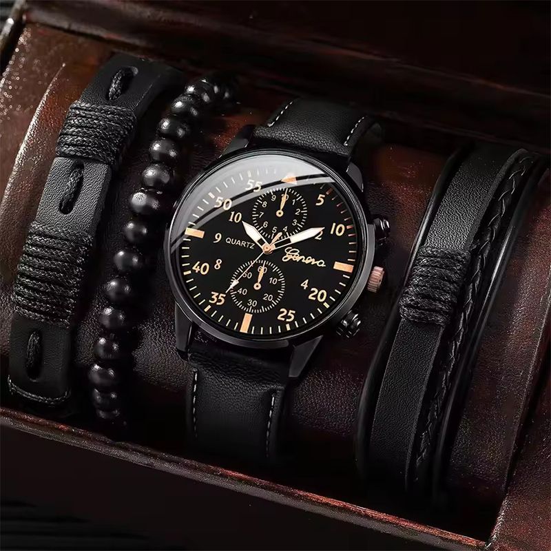 4PCS Men's Business Watches Fashion Leather Band Analog Quartz Watch with Woven Bracelets Set